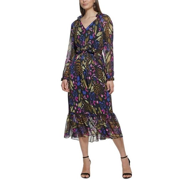 kenzie Dresses & Skirts - Kensie Women's Floral Print Belted Chiffon Flounce Midi Dress Size 2